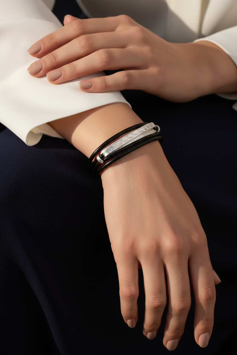 Black Leather Silver Bar Bracelet – On Model