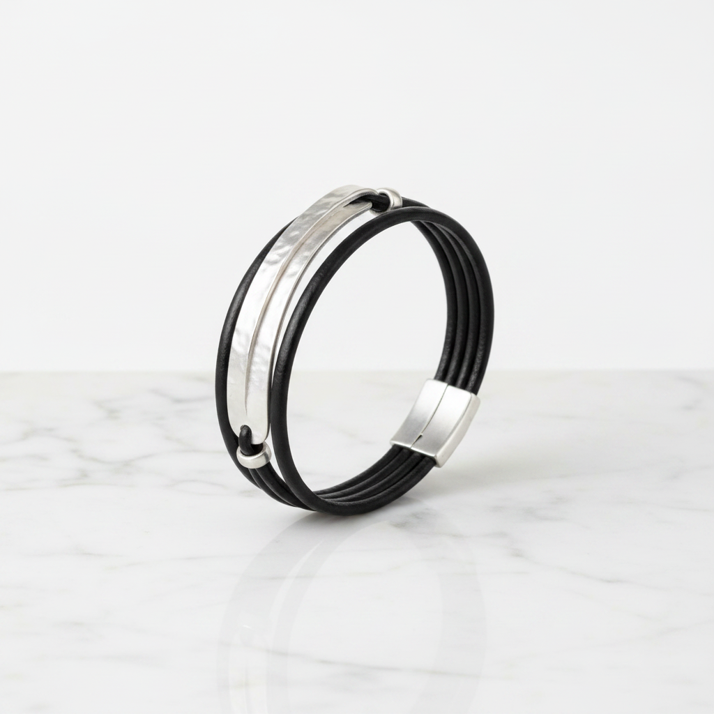Black Leather Silver Bar Bracelet – Side Profile Corrected