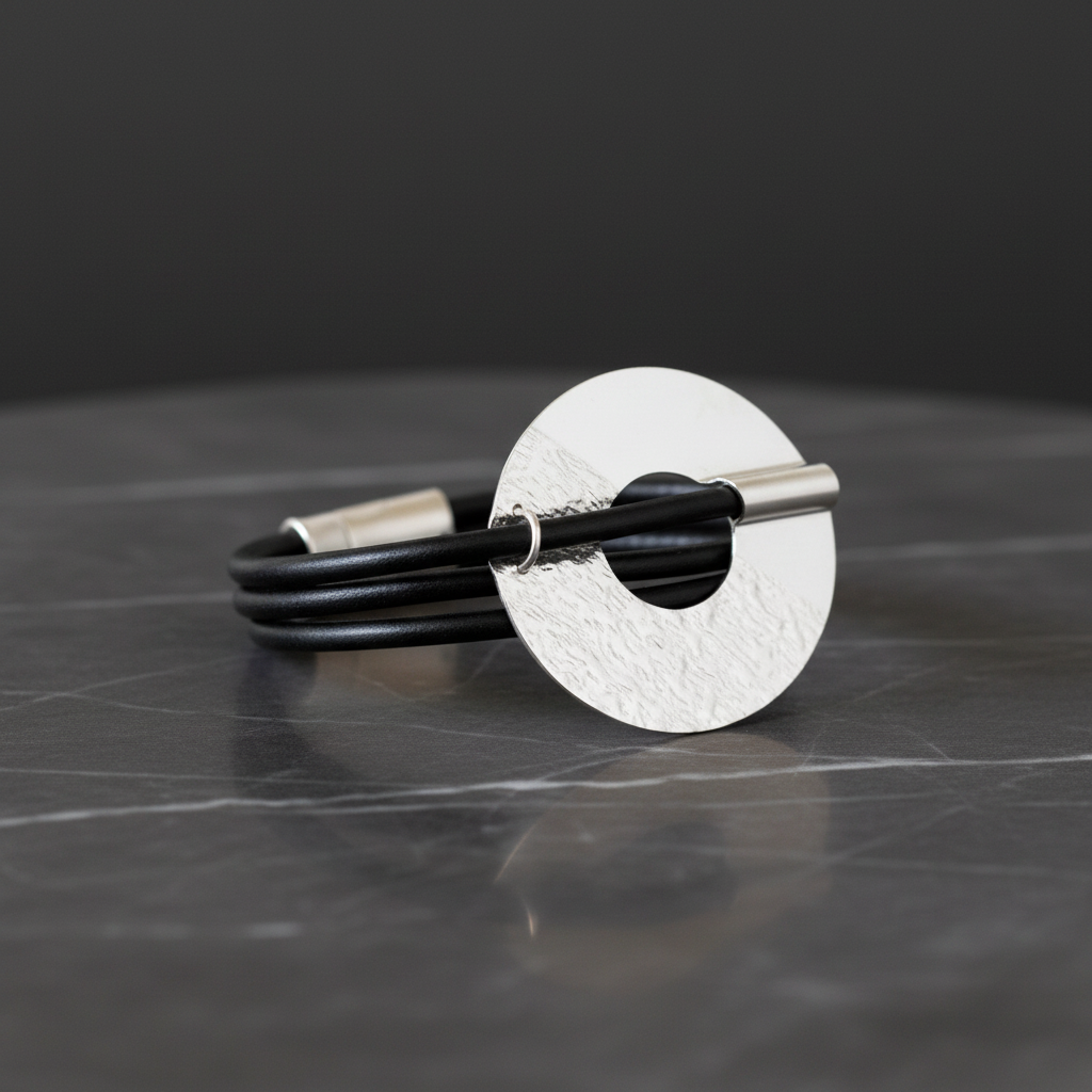 Black Leather Silver Disc Bracelet – DARK BACKGROUND