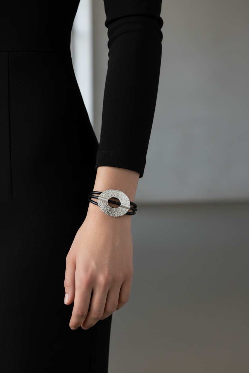 Black Leather Silver Disc Bracelet – On Model