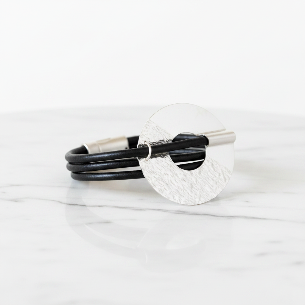 Black Leather Silver Disc Bracelet – Side Profile Fiel