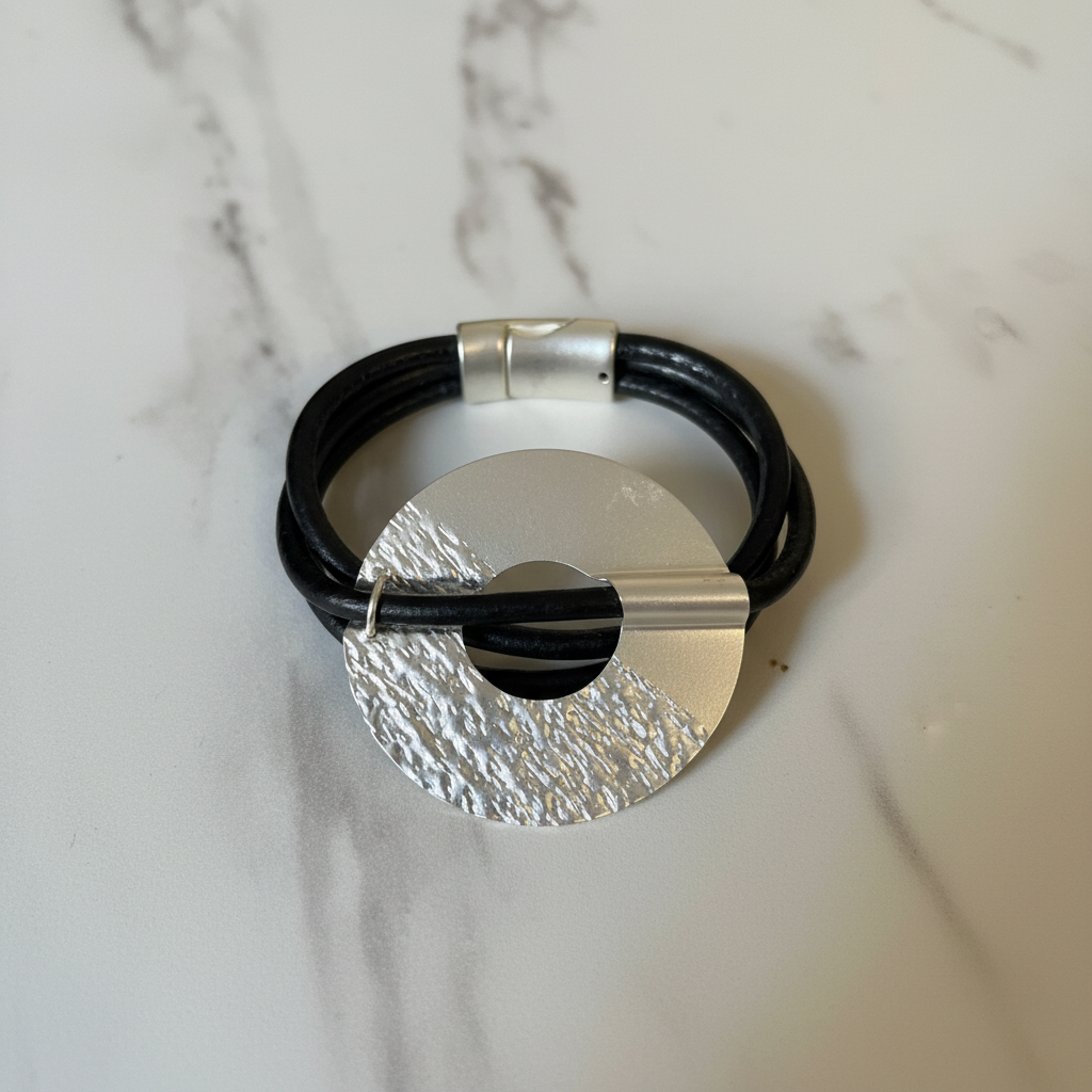 Black Leather Silver Disc Bracelet – Top View