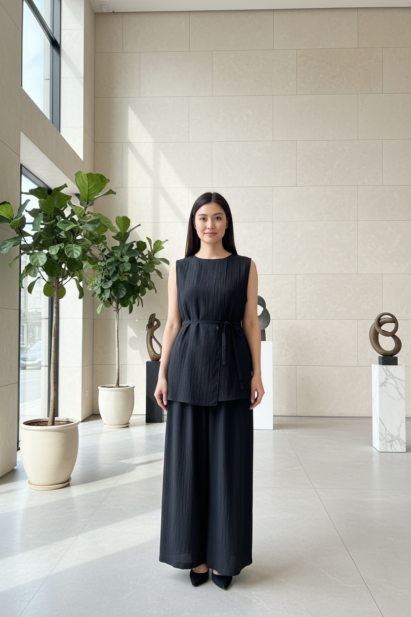 Black textured set in a modern art gallery