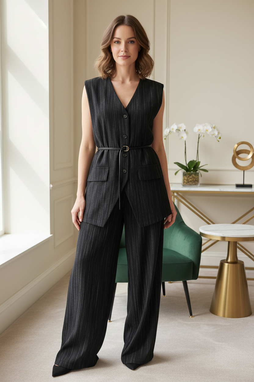 Black vest and pants set front model image