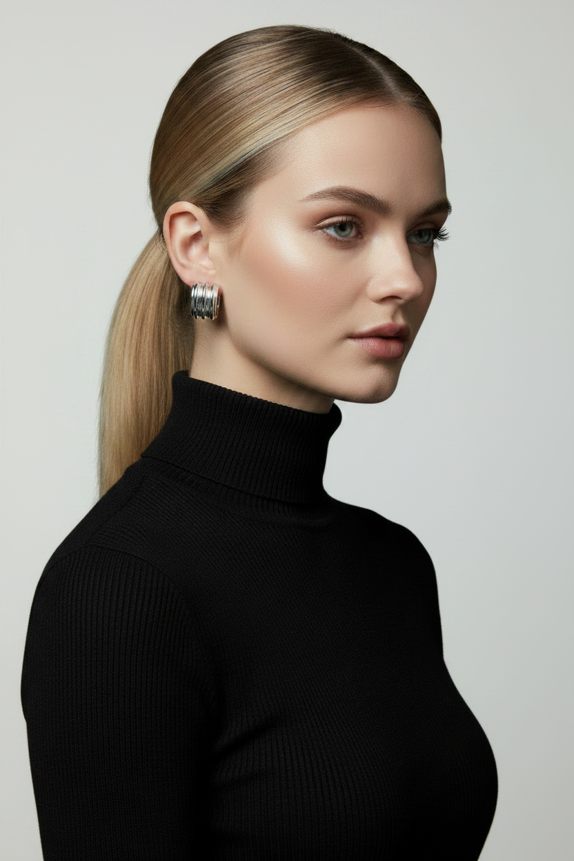 Blonde model light background chunky ribbed silver huggie hoops