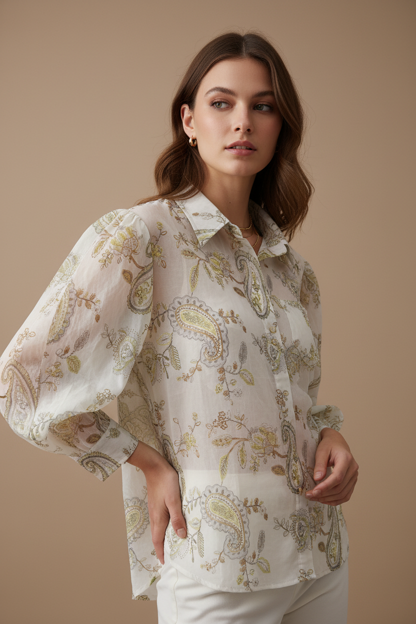 Blusa Paisley - Ângulo 3/4 com Modelo