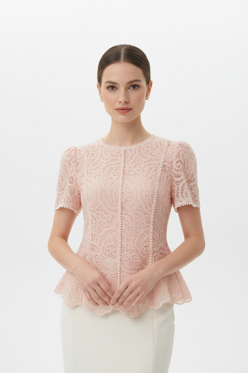 Blush Pink Lace Peplum Top – Front