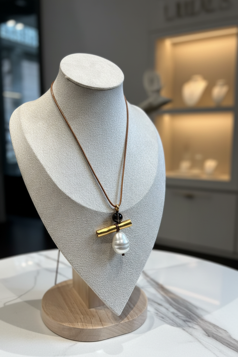 Boutique shop display gold bar baroque pearl lariat necklace