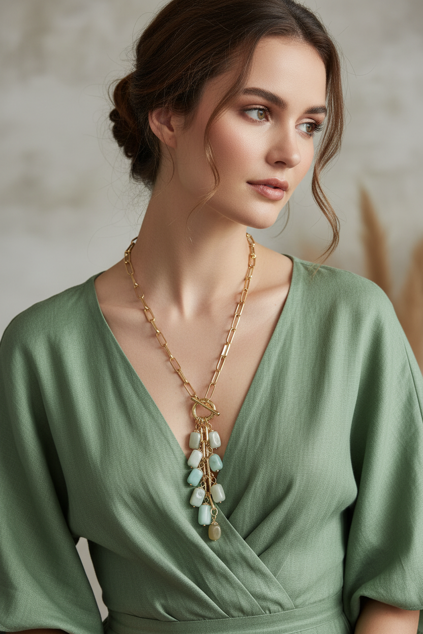 Cascade Green Stone Necklace – Model in Green Linen Dress