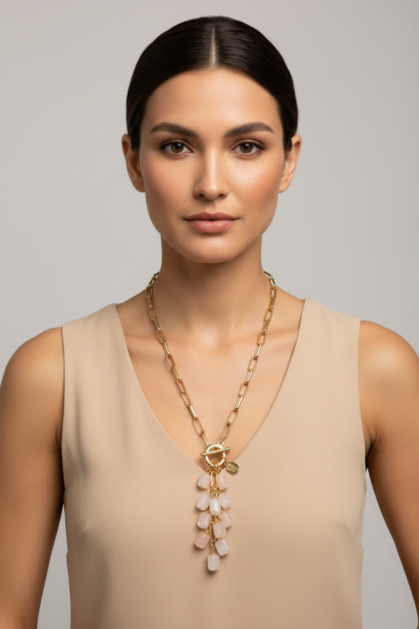 Cascade Stone Charm Necklace – Model Beige Top