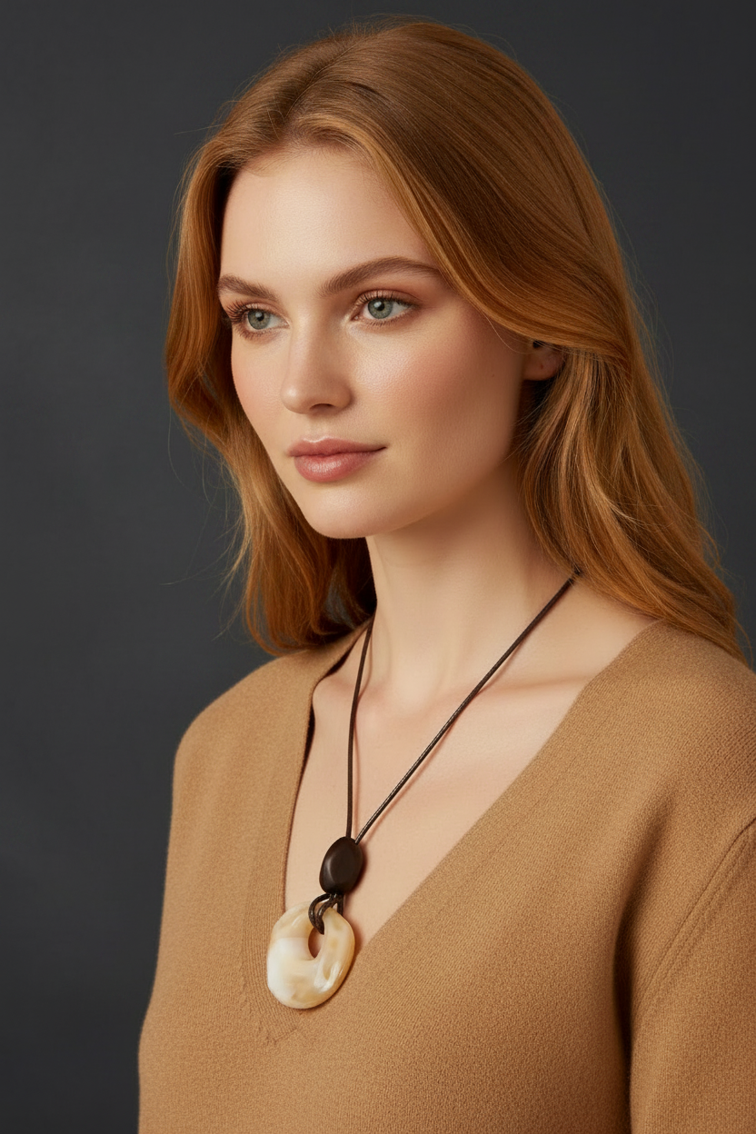 Charcoal background strawberry blonde model cream twisted donut pendant