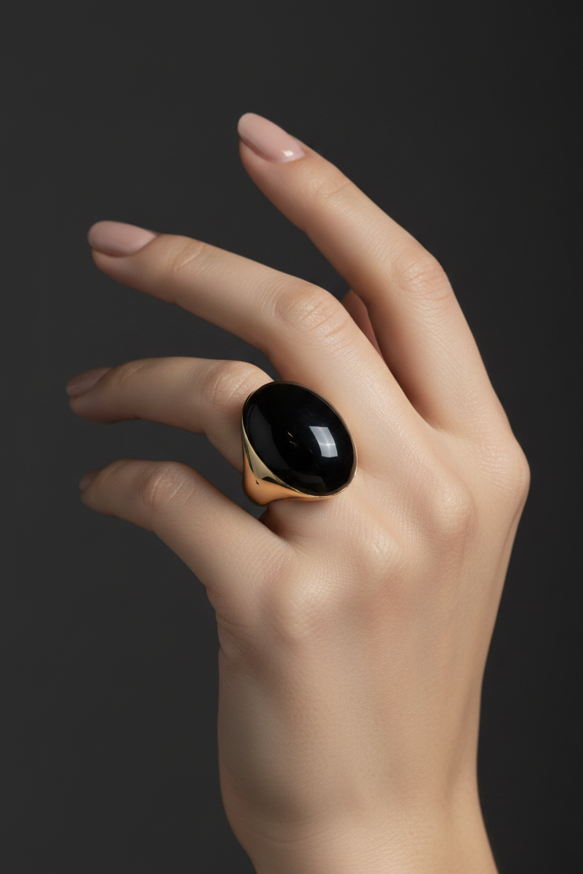 Corrected model shot black onyx gold ring