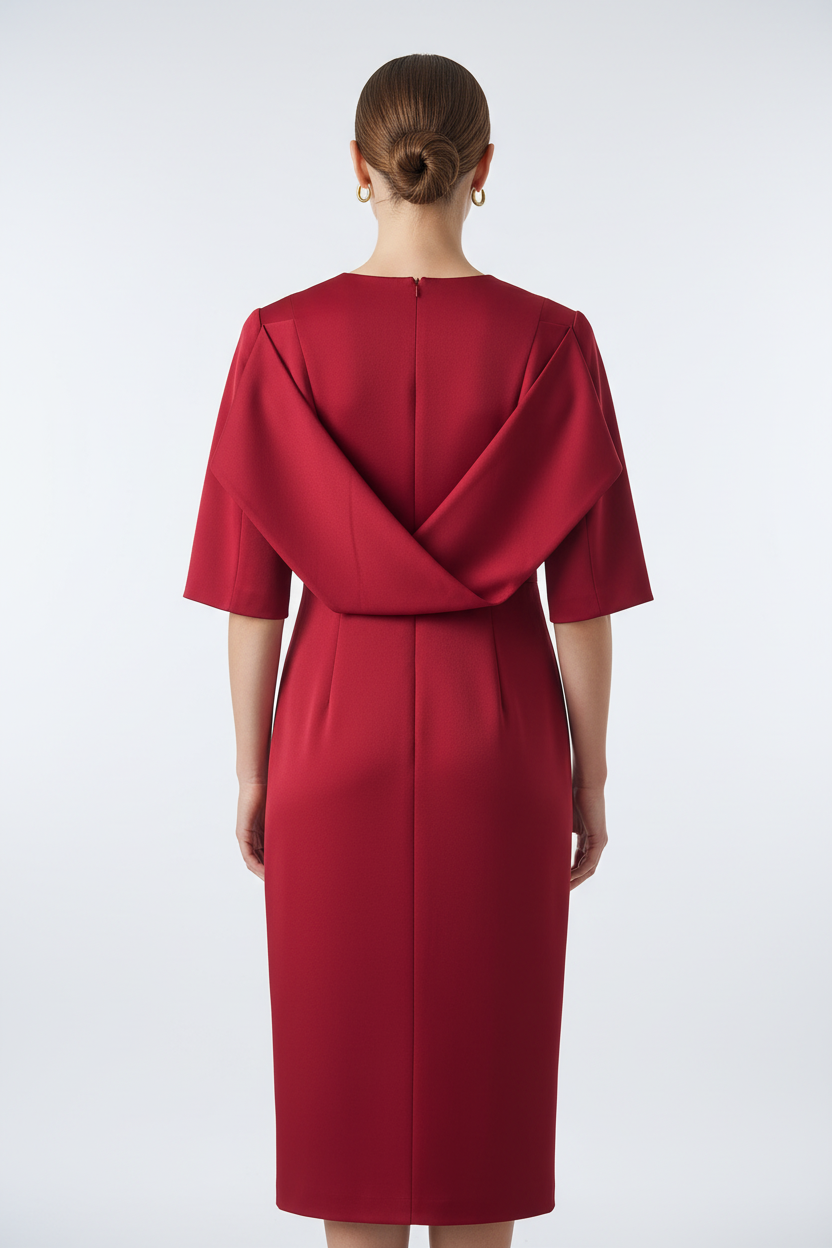 Crimson Dress - Back with Wrap Drape Detail