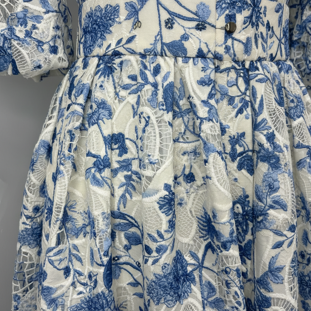 Detalhe - Estampa Floral Azul e Branco