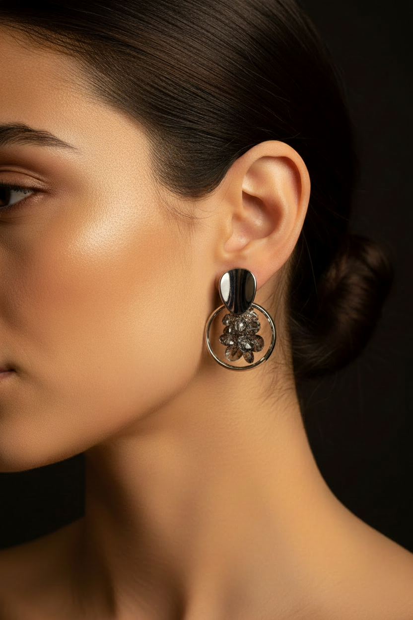 Ear close-up silver grey crystal hoop drop earrings