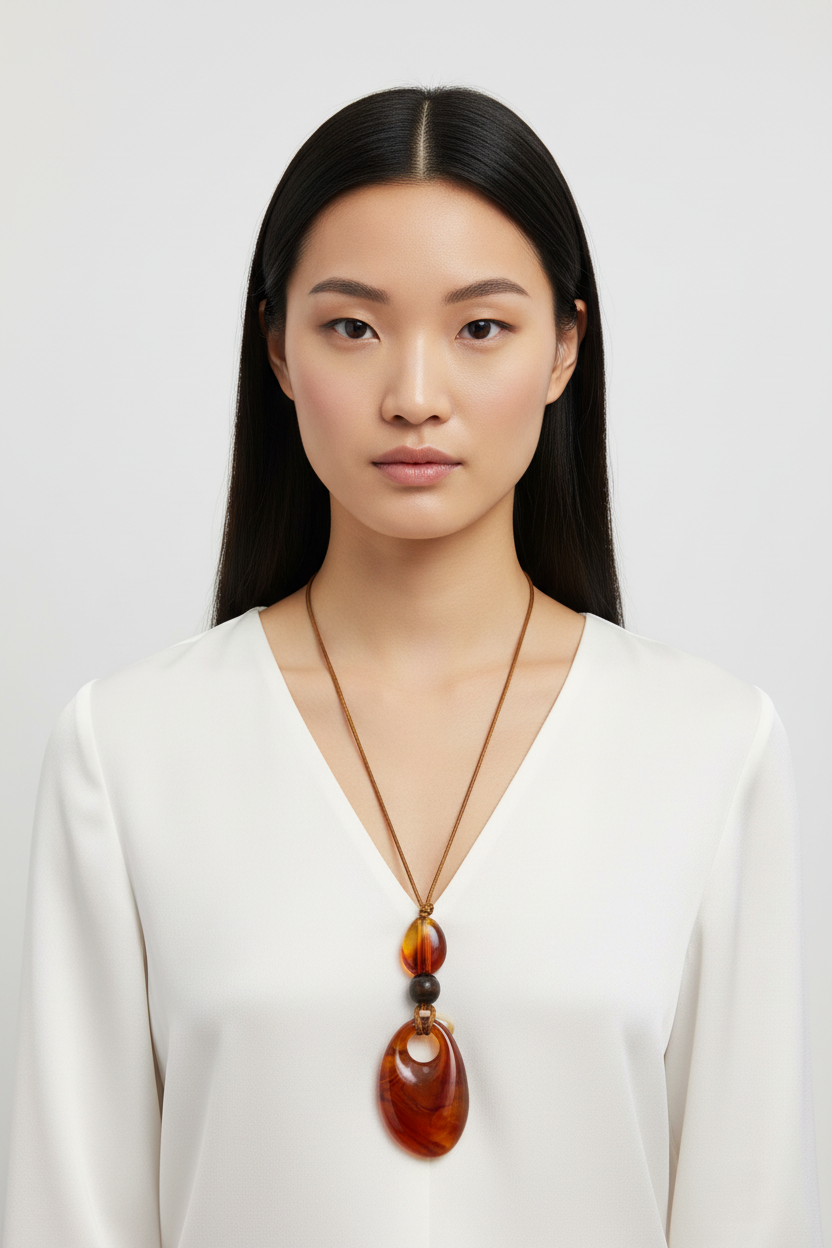 East Asian model amber resin pendant cord necklace