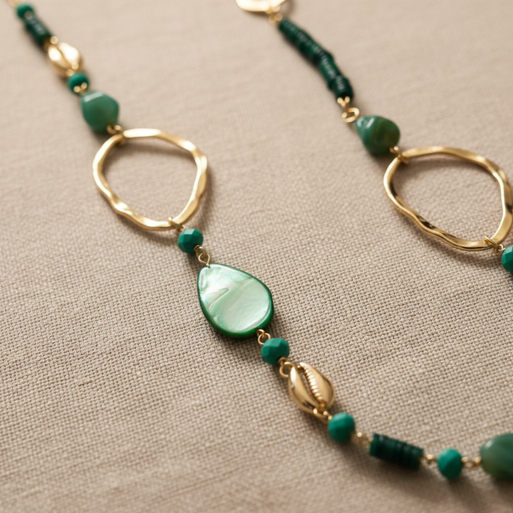 Emerald green necklace detail linen