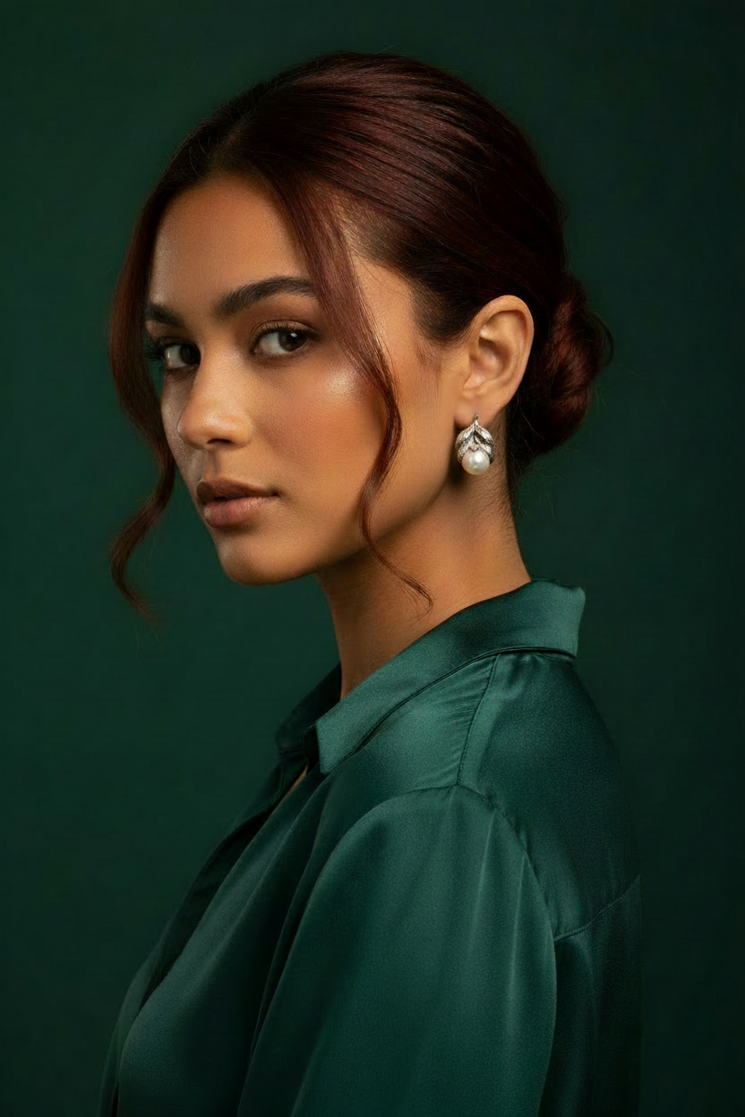 Even smaller silver leaf pearl drop earrings on model