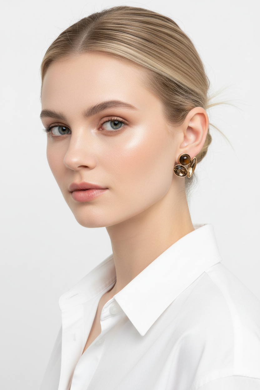 Fair skin model tiger eye cluster stud earrings