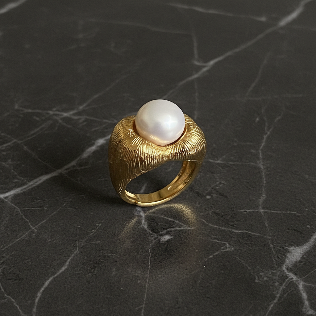 Flat lay gold pearl sculptural ring