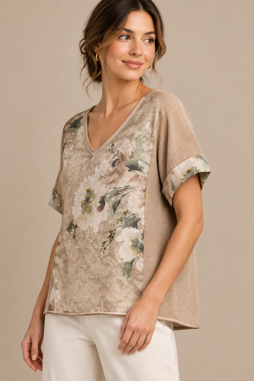 Floral top on model, angled view