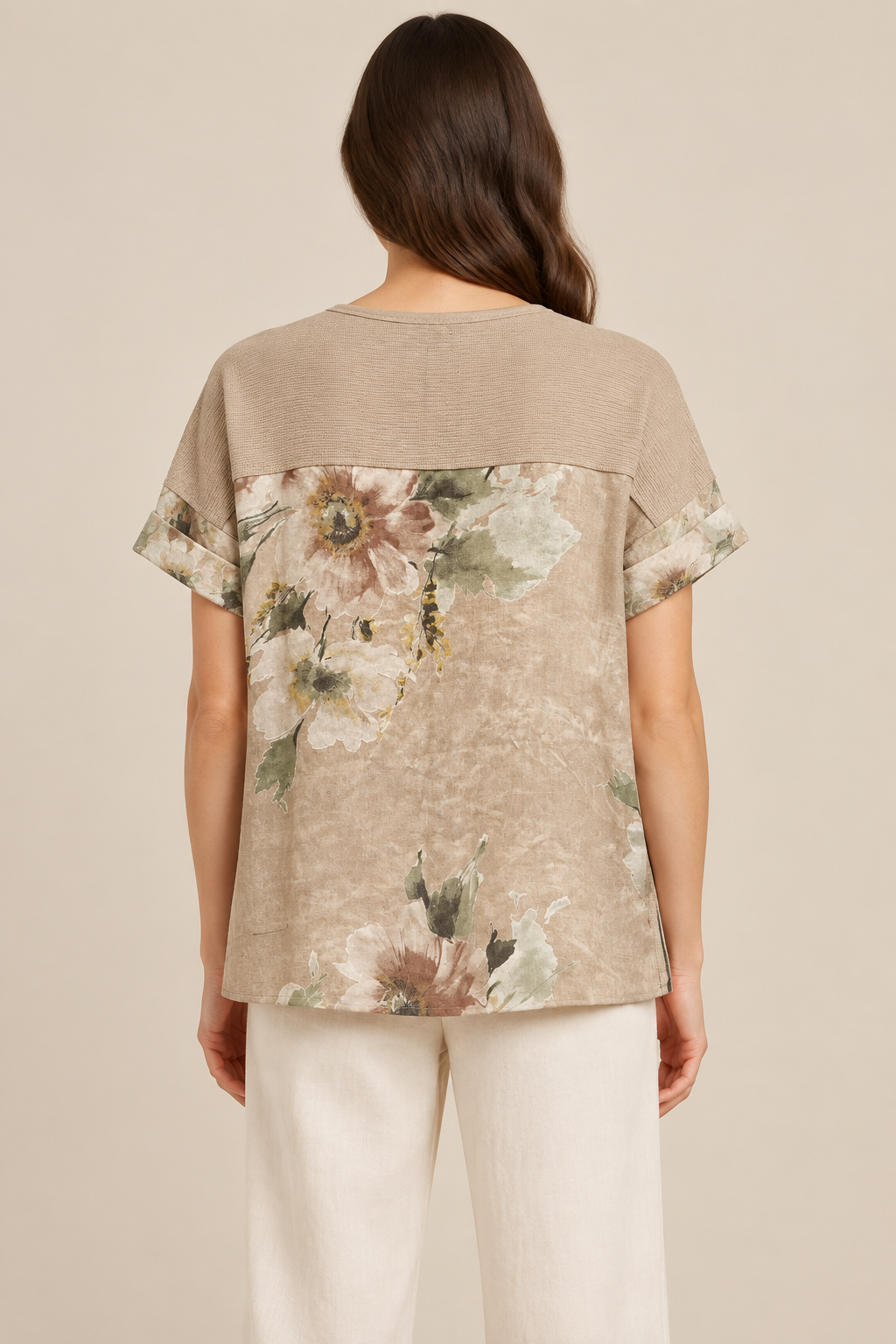 Floral top on model, back view
