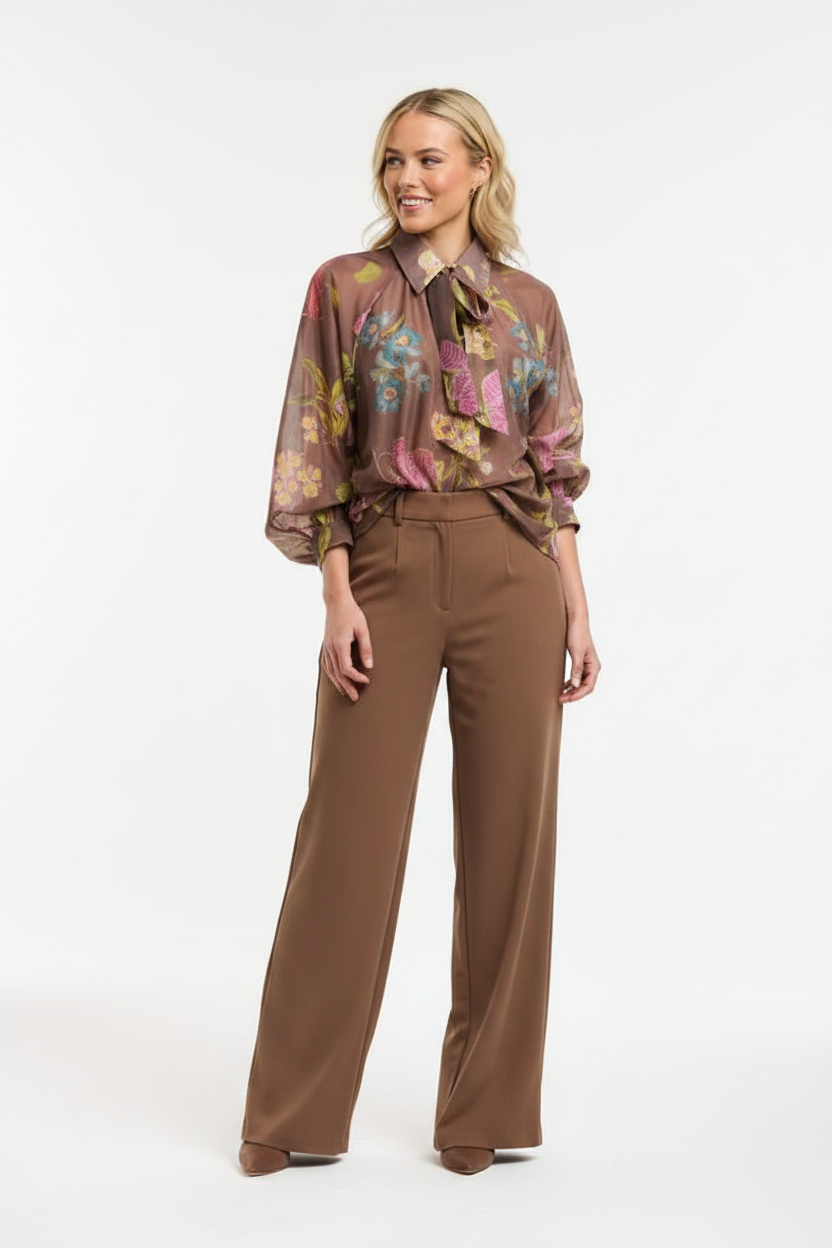 Flower Bow Neck Shirt Brown  