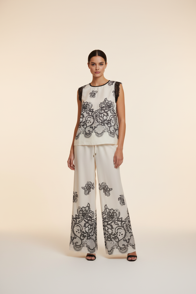 Foto frontal corpo inteiro - estampa apenas na parte inferior da calça