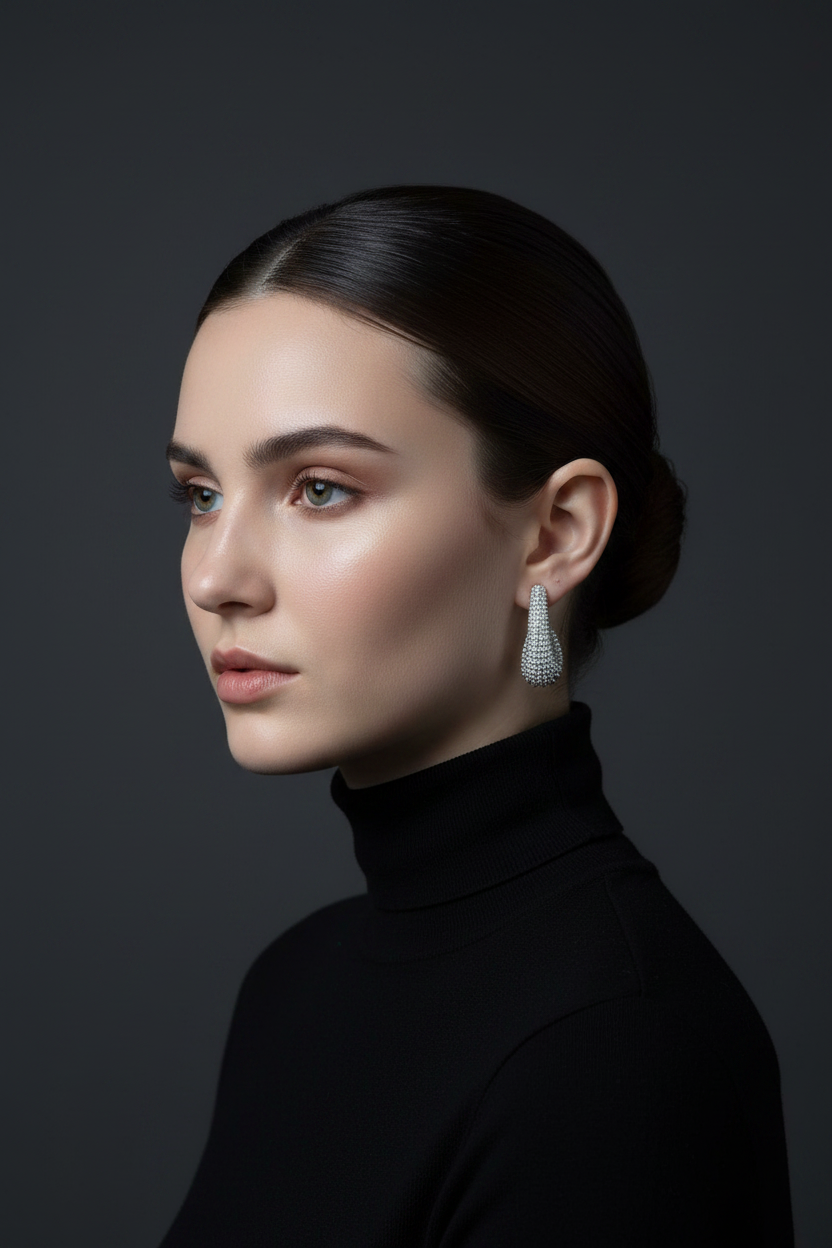 Fresh model shot silver cone teardrop bead earring