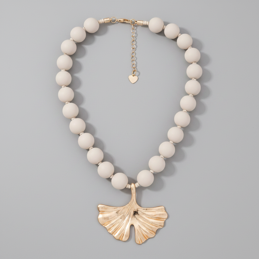 Ginkgo Leaf Beaded Necklace – Grey Background