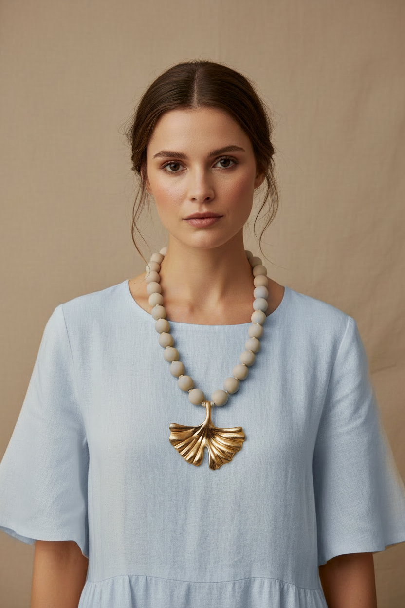 Ginkgo Leaf Beaded Necklace – Model Light Blue Dress