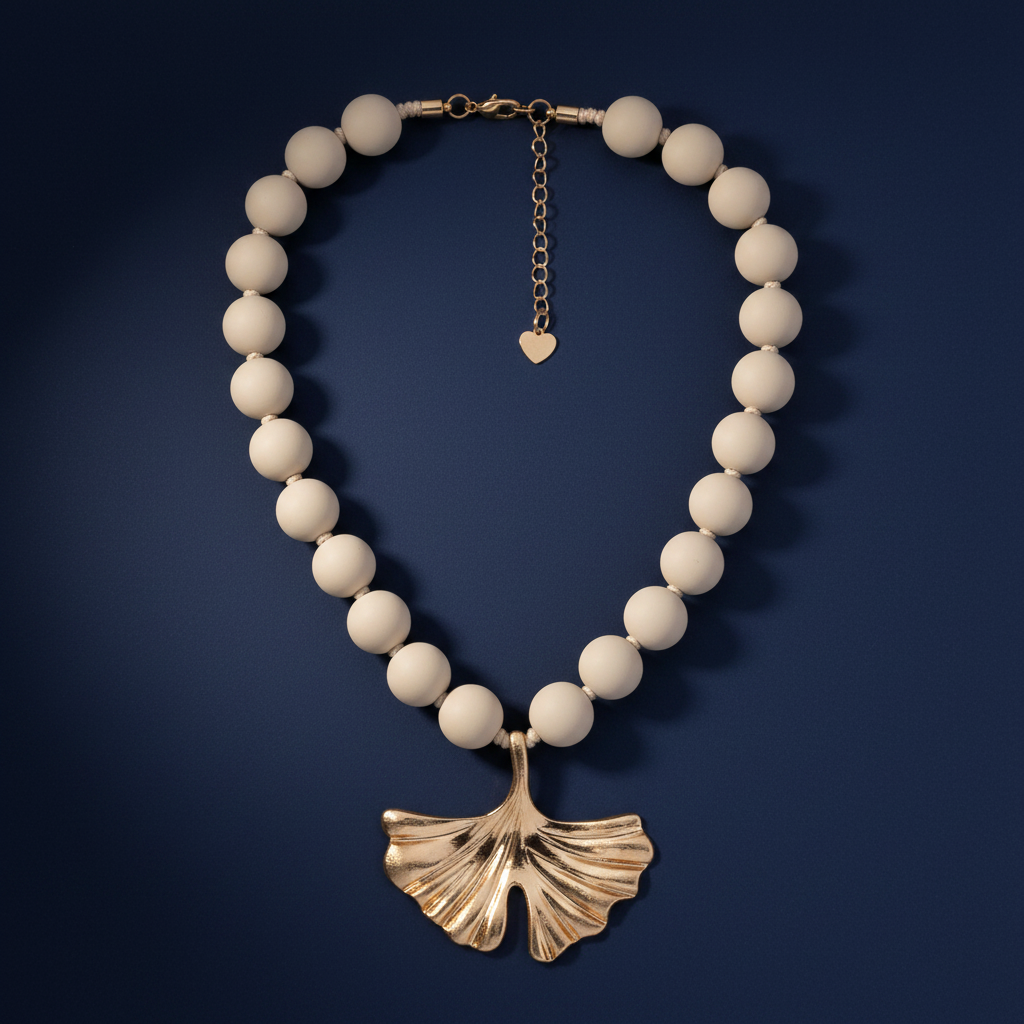 Ginkgo Leaf Beaded Necklace – Navy Background