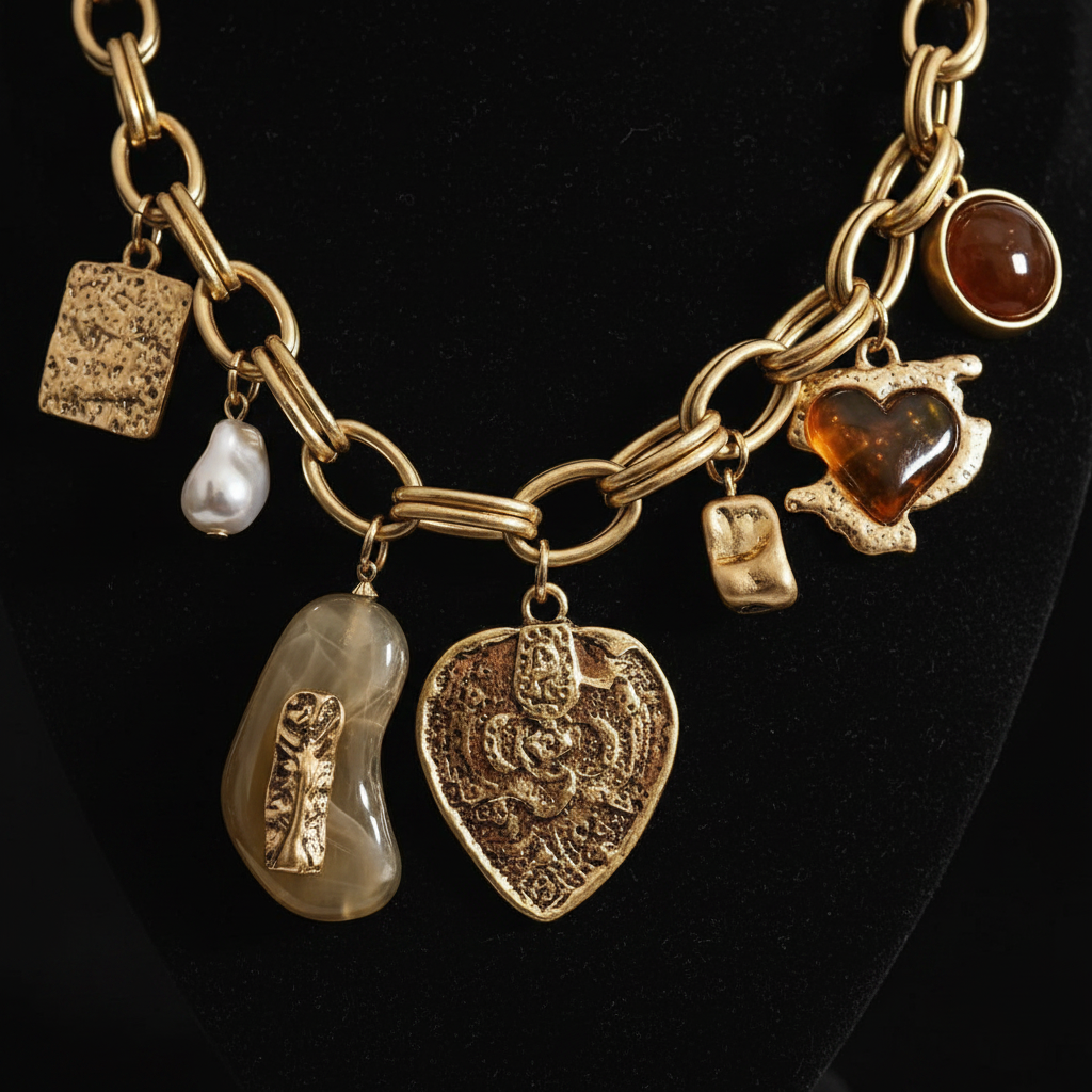 Gold charm necklace detail