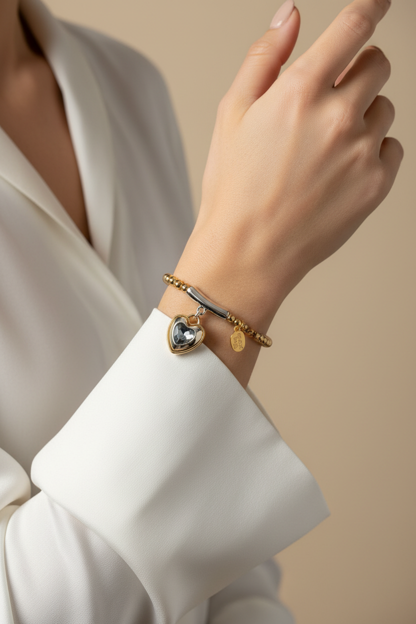 Gold Heart Charm Bracelet – On Model