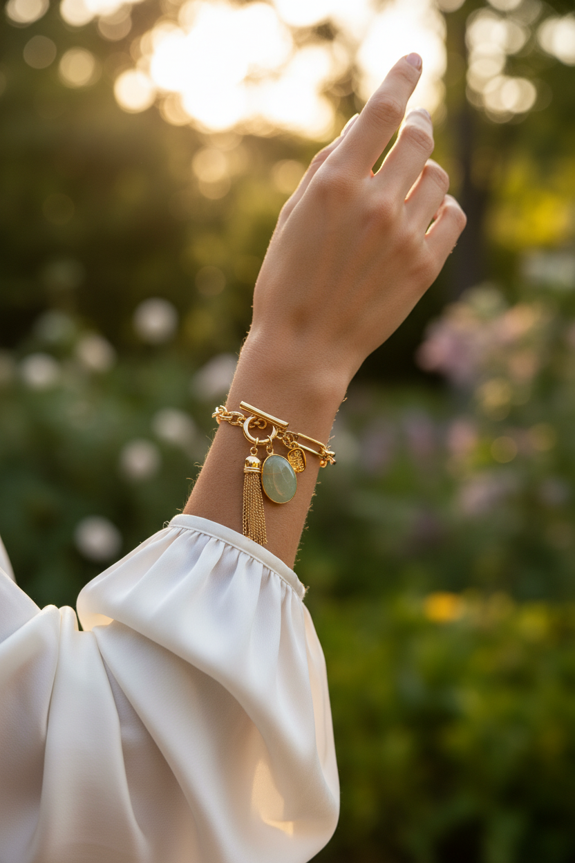 Gold paperclip charm bracelet outdoor