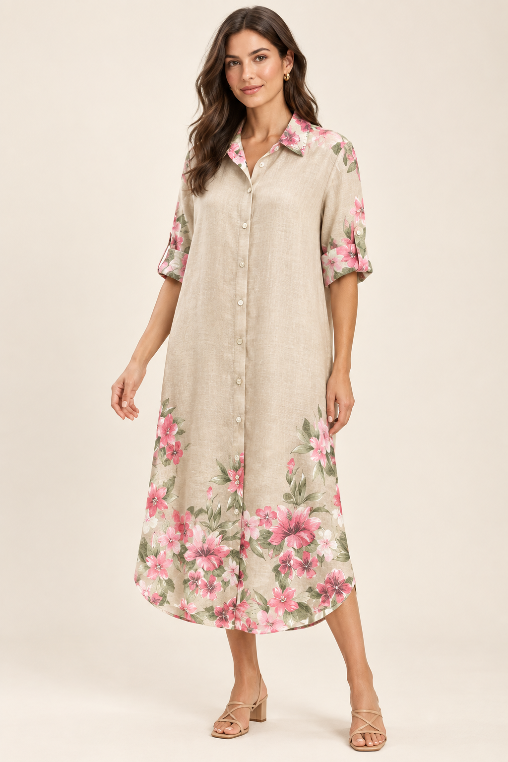 Harper beige floral shirt dress angled model view with rolled sleeves
