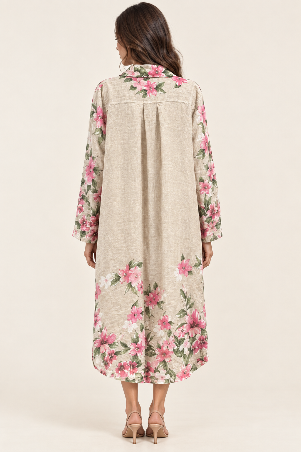 Harper beige floral shirt dress back model view