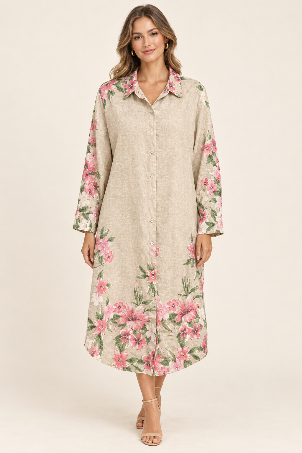 Harper beige floral shirt dress front model view