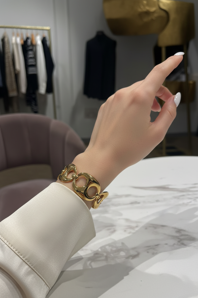 Model wearing gold chain-link cuff bracelet