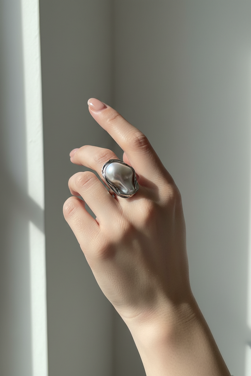 Model wearing baroque pearl silver statement ring