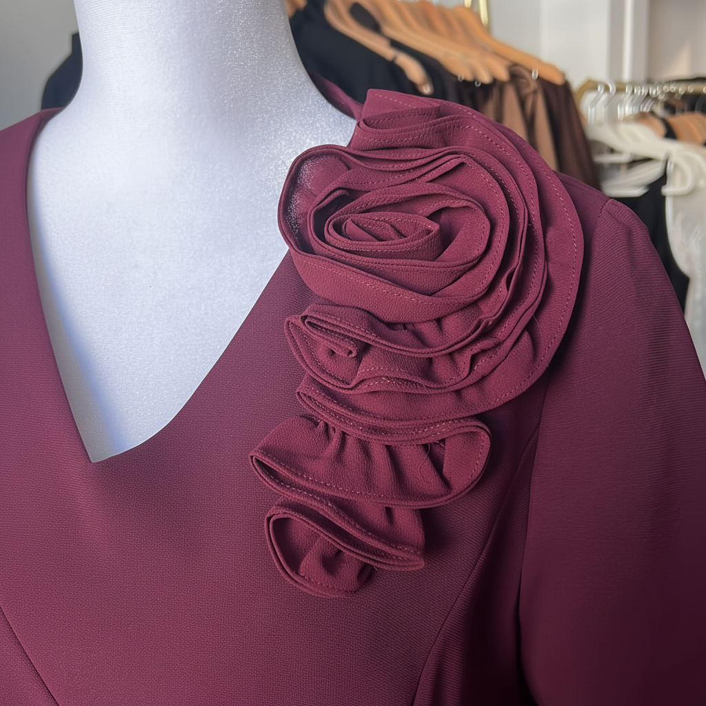 Mila Mauve Dress - Rosette Detail Close Up