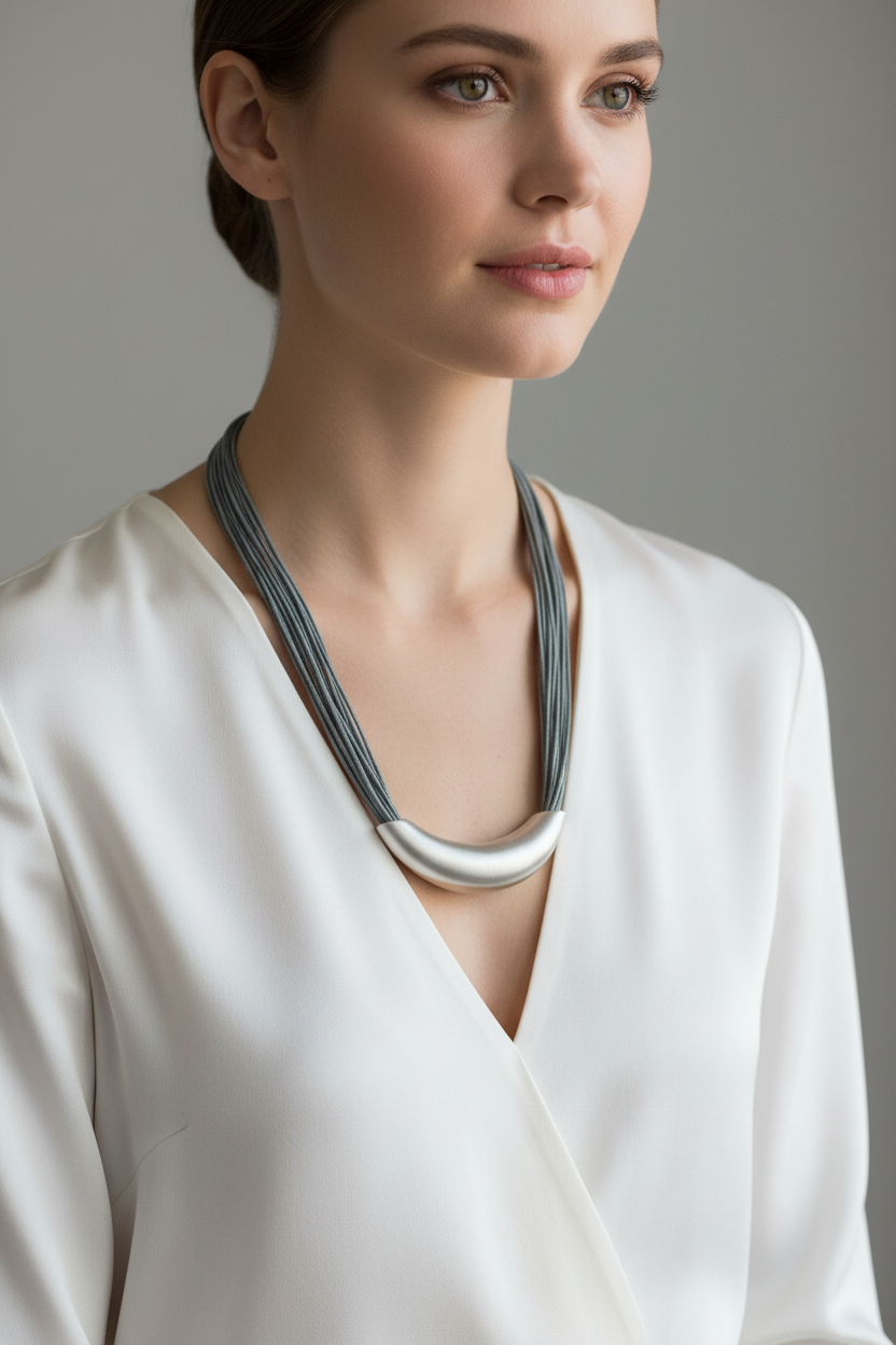 Zen Grey Cord Silver Arc Necklace – model shot