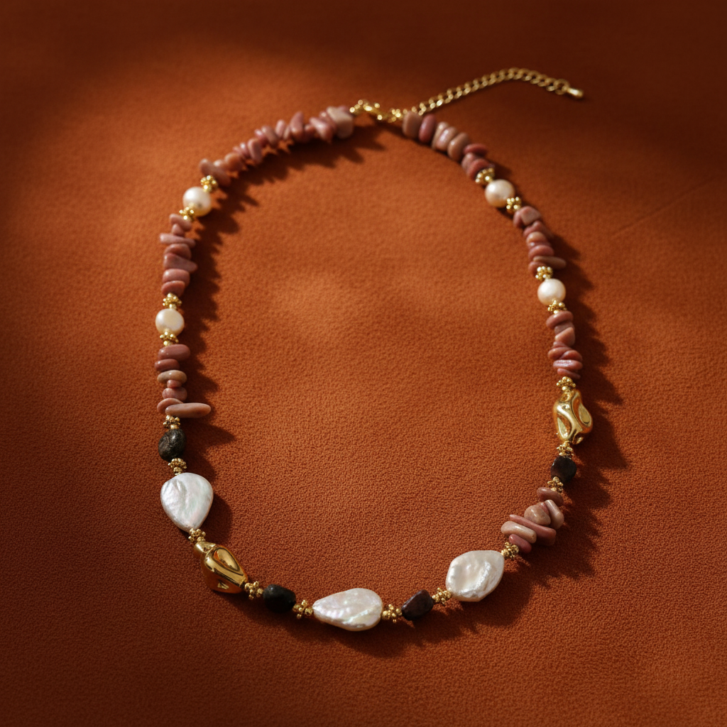 Rhodonite Pearl & Onyx Necklace – cognac background flat lay