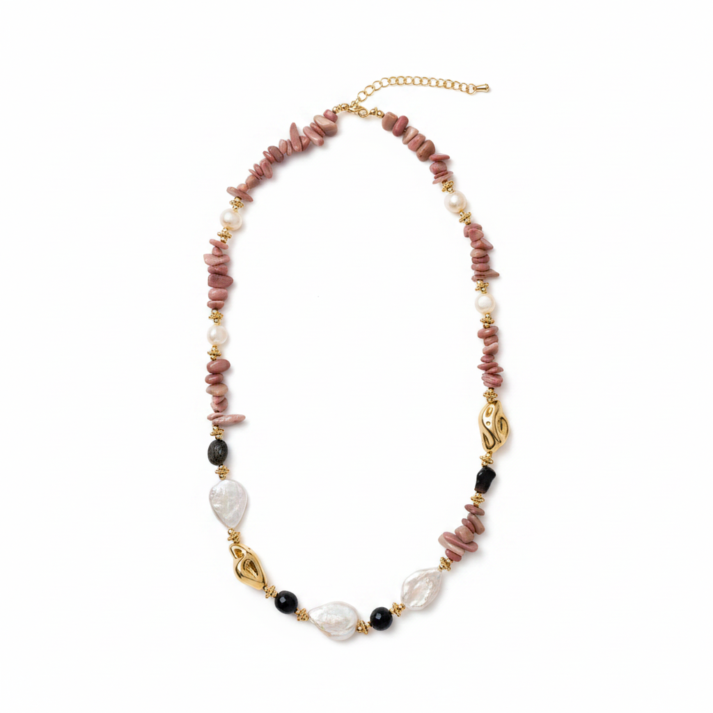 Rhodonite Pearl & Onyx Necklace – white studio flat lay