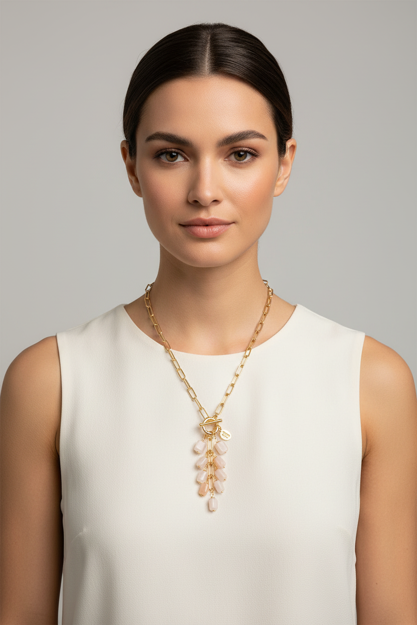 Cascade Stone Charm Necklace Gold editorial model studio image
