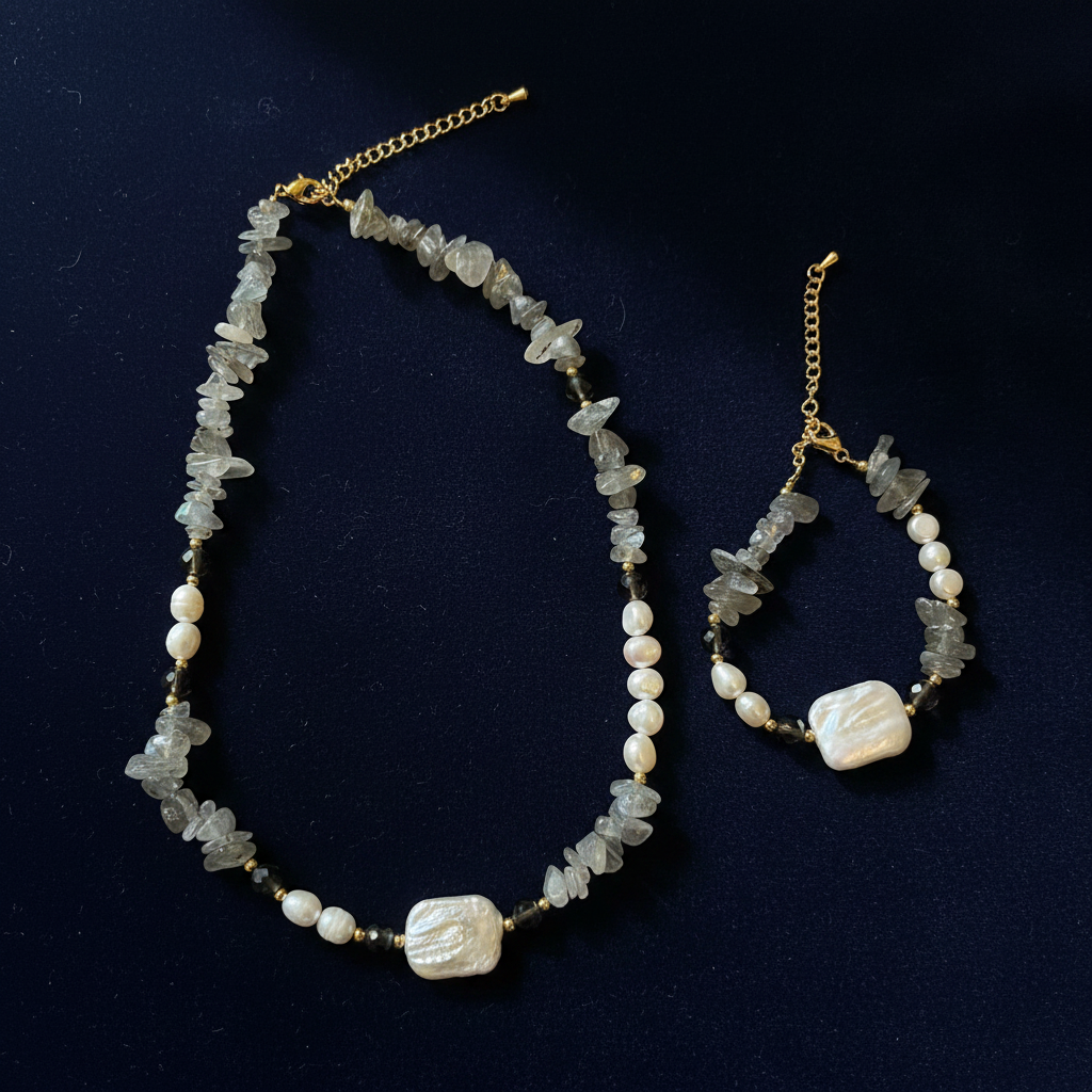 Labradorite Pearl Set – navy velvet background
