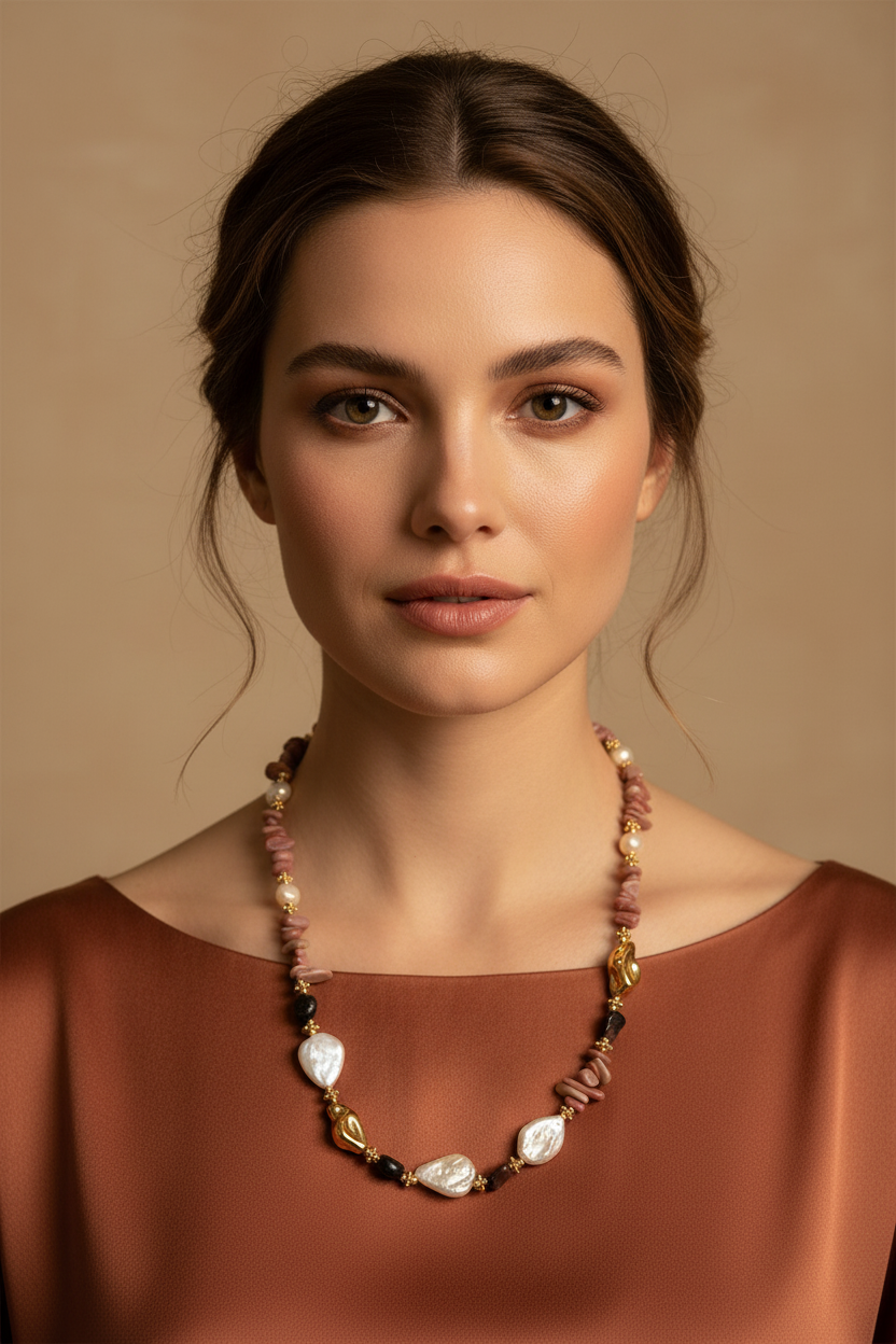 Rhodonite Pearl & Onyx Necklace – model shot