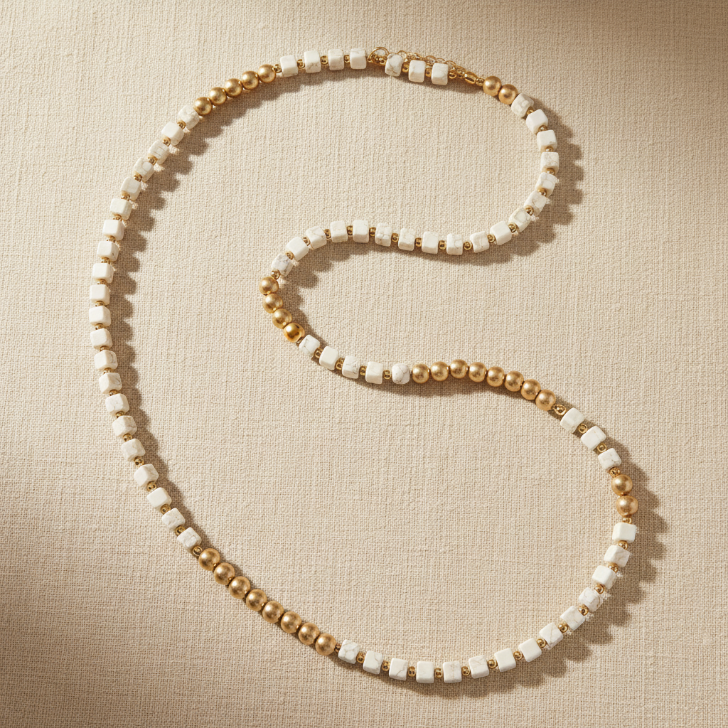 Zen White & Gold Long Beaded Necklace – cream background flat lay