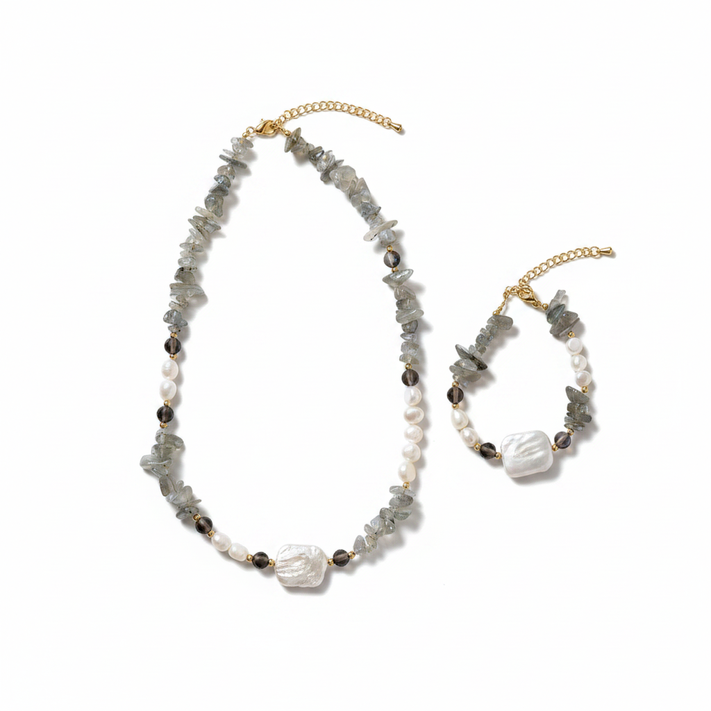 Labradorite Pearl Necklace – white studio flat lay