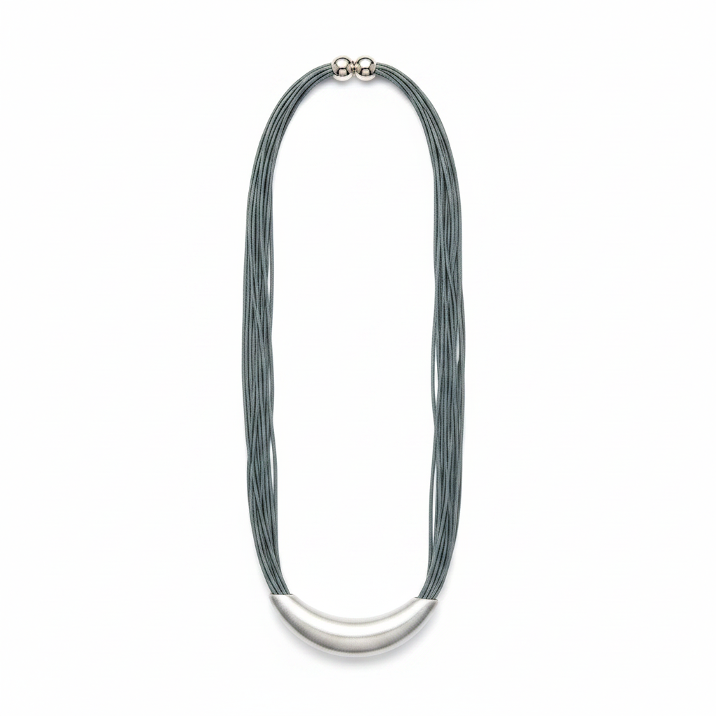 Zen Grey Cord Silver Arc Necklace – white studio flat lay